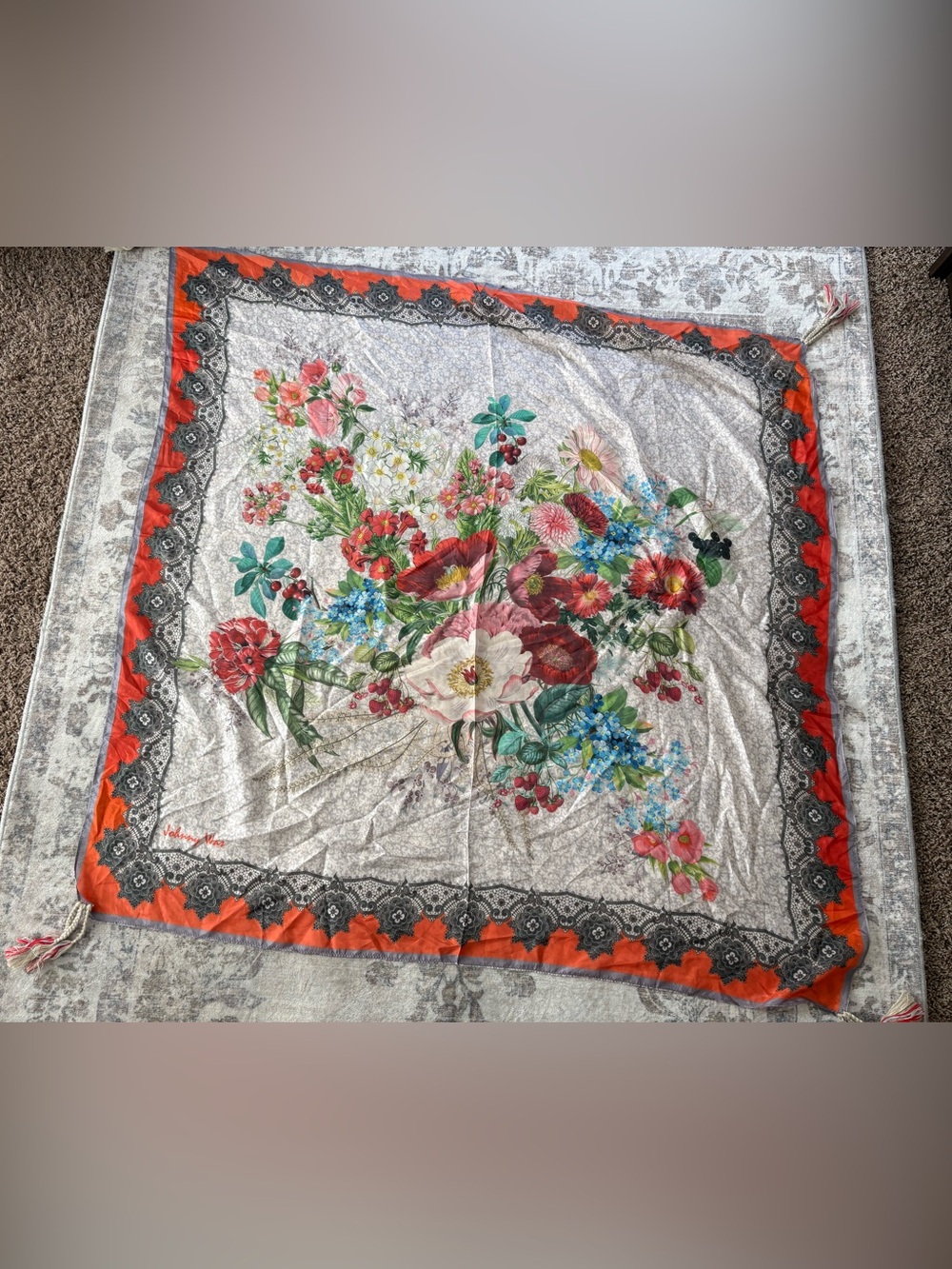 Johnny Was Silk scarf Botanical Strawberry With Tassels - Discontinued!